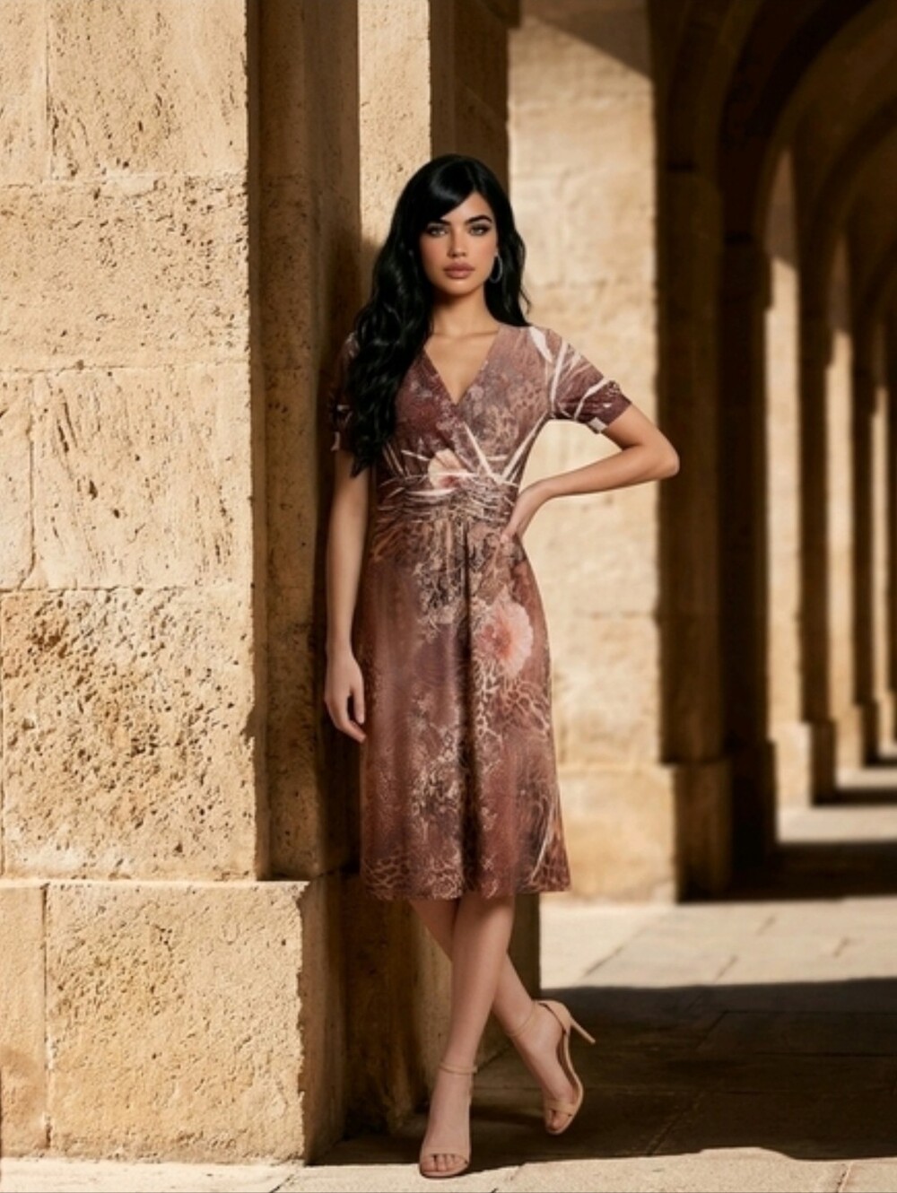 Dressbarn brand dress featuring a mixed floral & animal print in earthy brown 8 - Picture 15 of 16